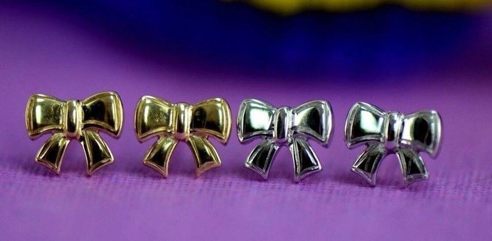 14k solid white yellow gold bow tie stud earrings cz