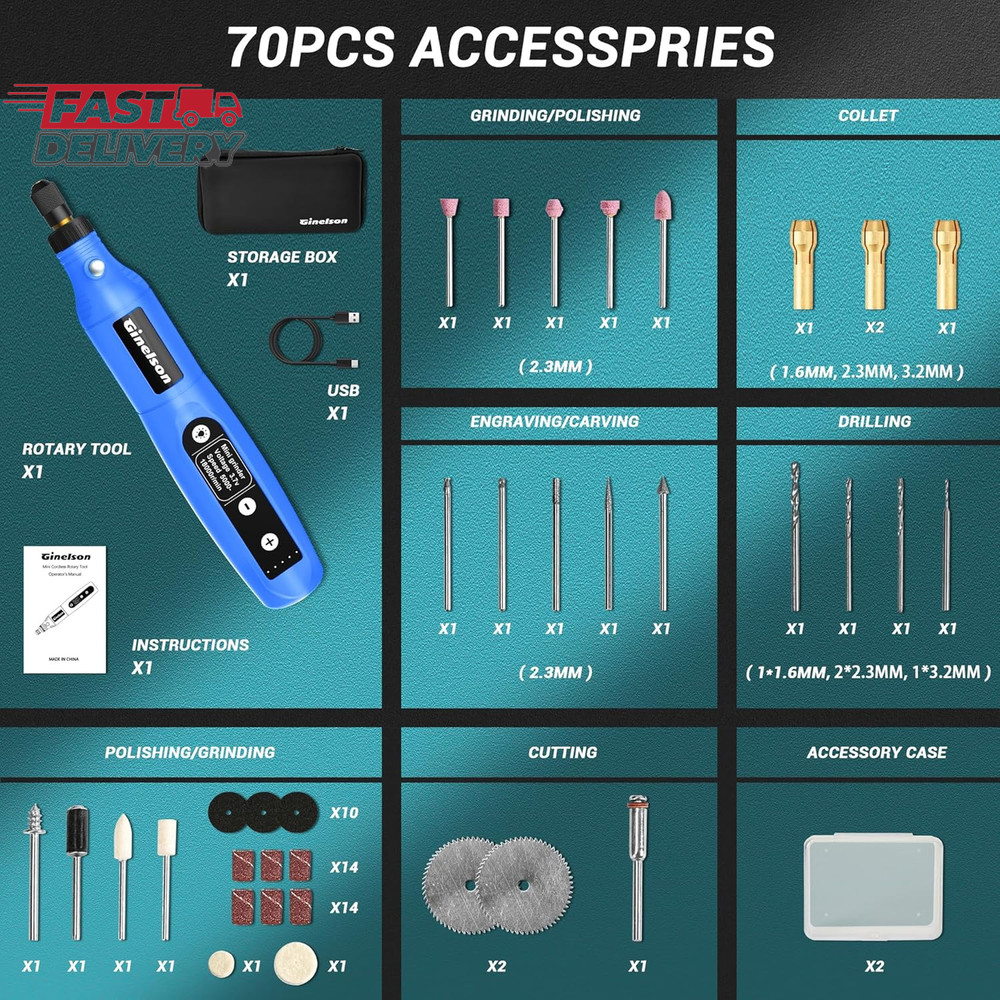 Cordless Rotary Tool, 5 Variable Speed Mini Rotary Tool Kit with 70 Accessories,