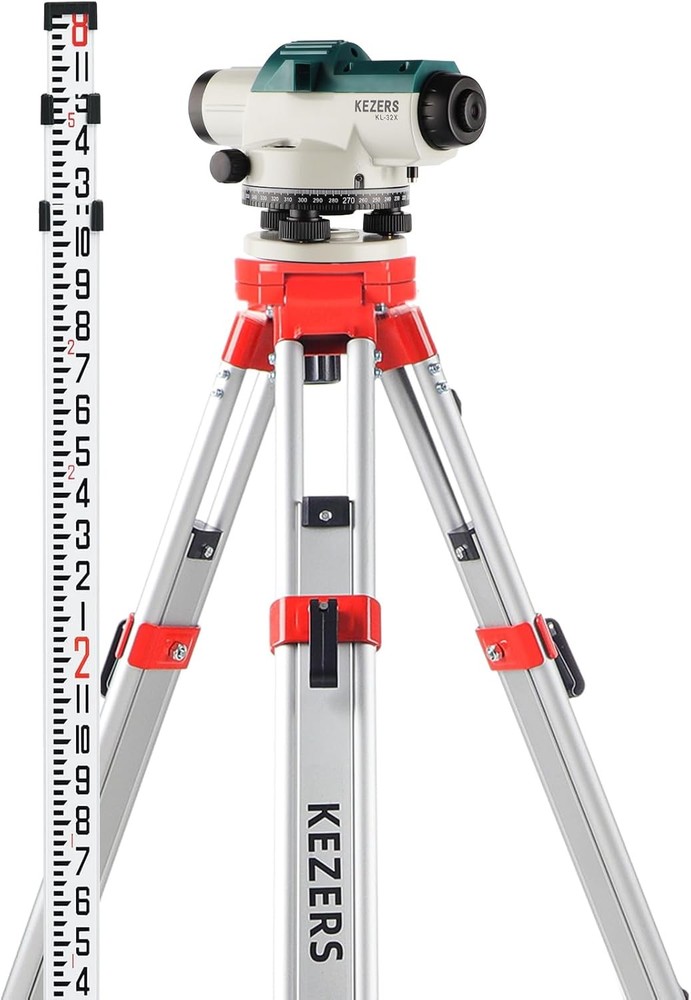 KEZERS 32X Automatic Optical Level Kit with Tripod, Self-Leveling Silver