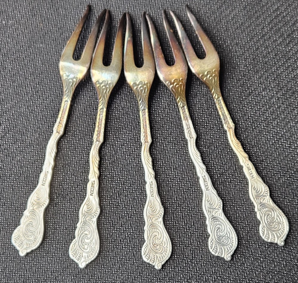 Vintage 1950's Set of 5 Nils Johan Silver Plated Appetizer Forks w/ Holder Cup