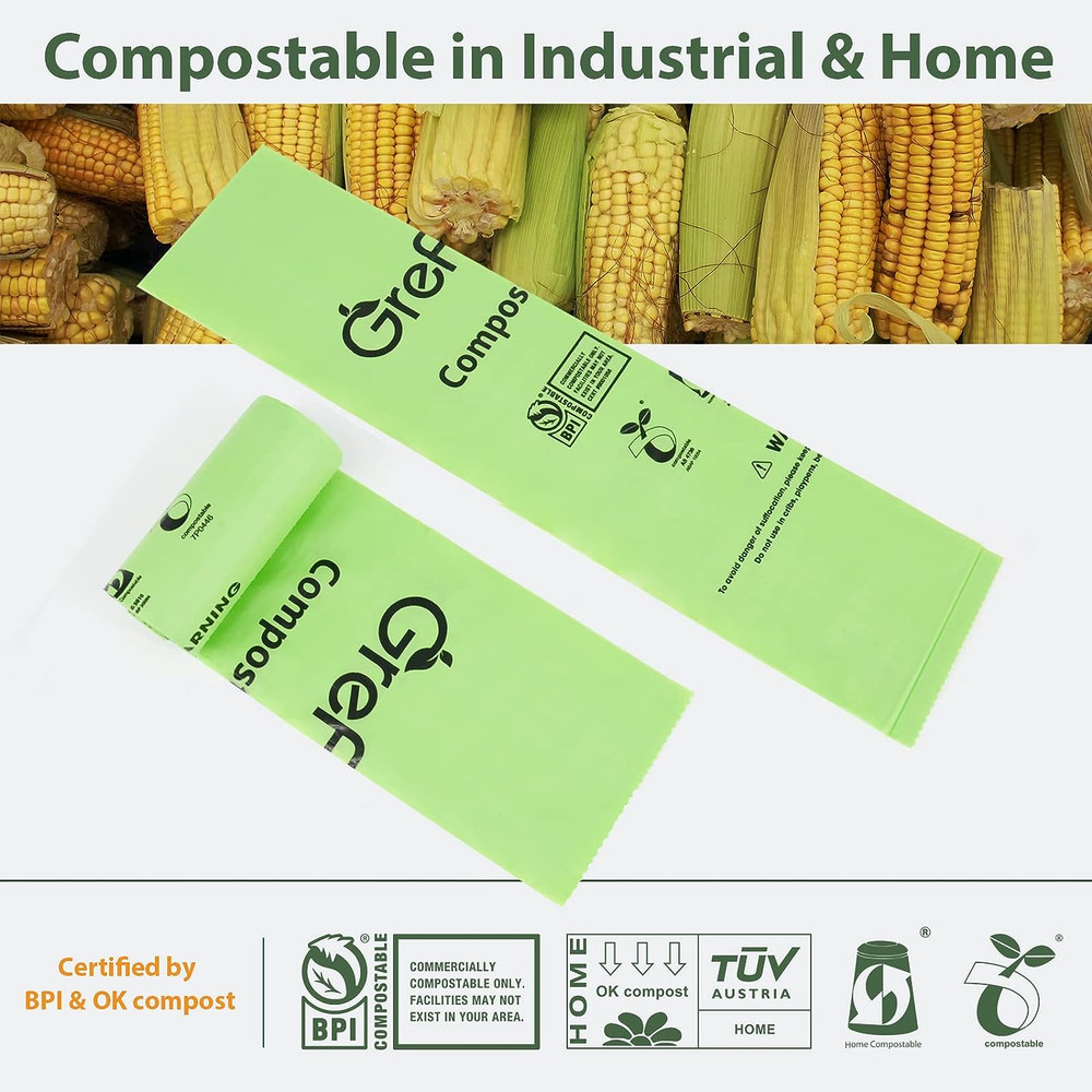Grefusion Compostable Bags for Kitchen Compost Bin, 1.2 Gallon, 125 Count, Certi