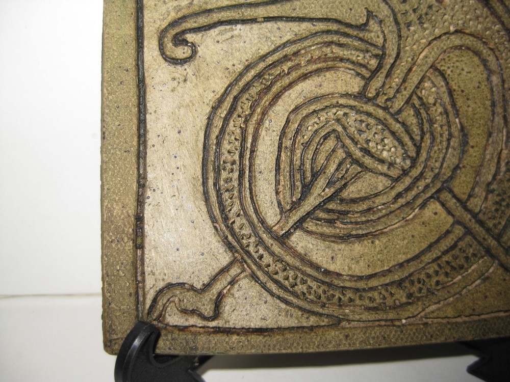 Rare mythical creature primitive earthenware tile incised sgraffito dragon 3 3/4