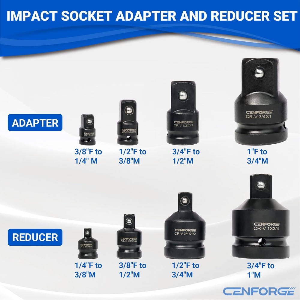 8-PC Impact Socket Adapter and Reducer Set, 1/4" 3/8" 1/2" 3/4" Drive Socket...