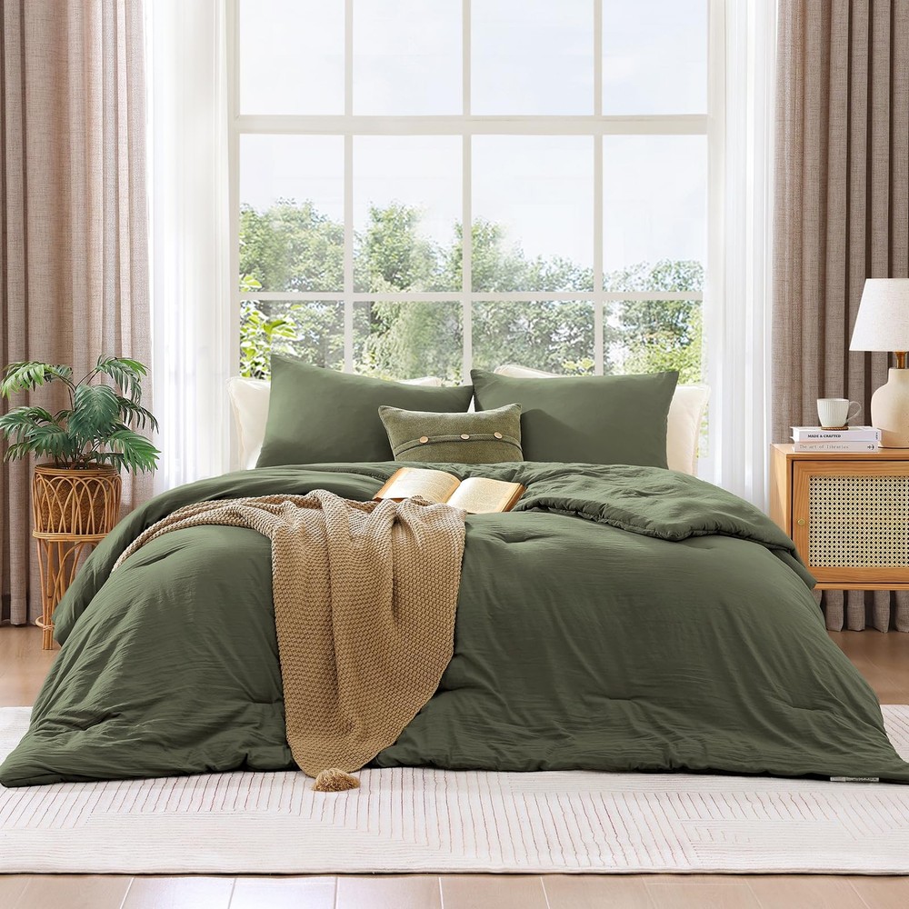 Queen Comforter Set - 3 Pieces Prewashed Olive Green Comforter Soft Lightweig...