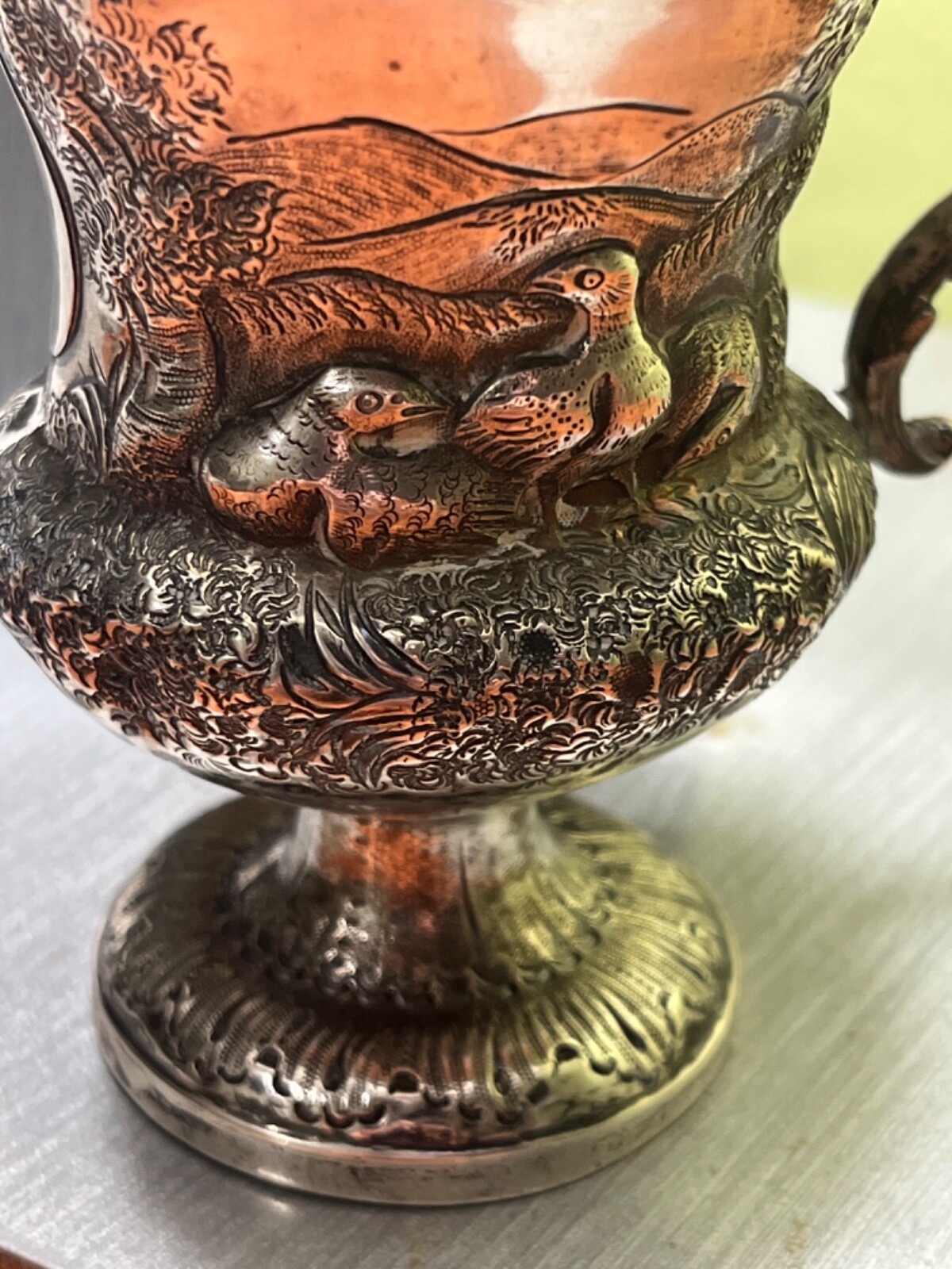 1837 English Sterling Silver Christening cup mug hunting pheasants bird repousse