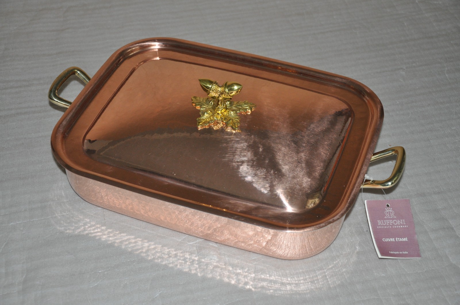 Ruffoni Historia Hammered Copper 5.5 Qt Rectangular Roasting Pan Acorn Knob