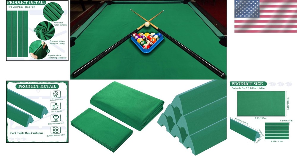 Durable Billiard Cloth Kit with Rubber Bumpers