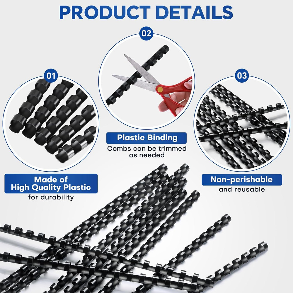 100 Pack 19 Ring Plastic Comb Binding Spines | 3/8 Inch Diameter, 55 Sheet Ca...