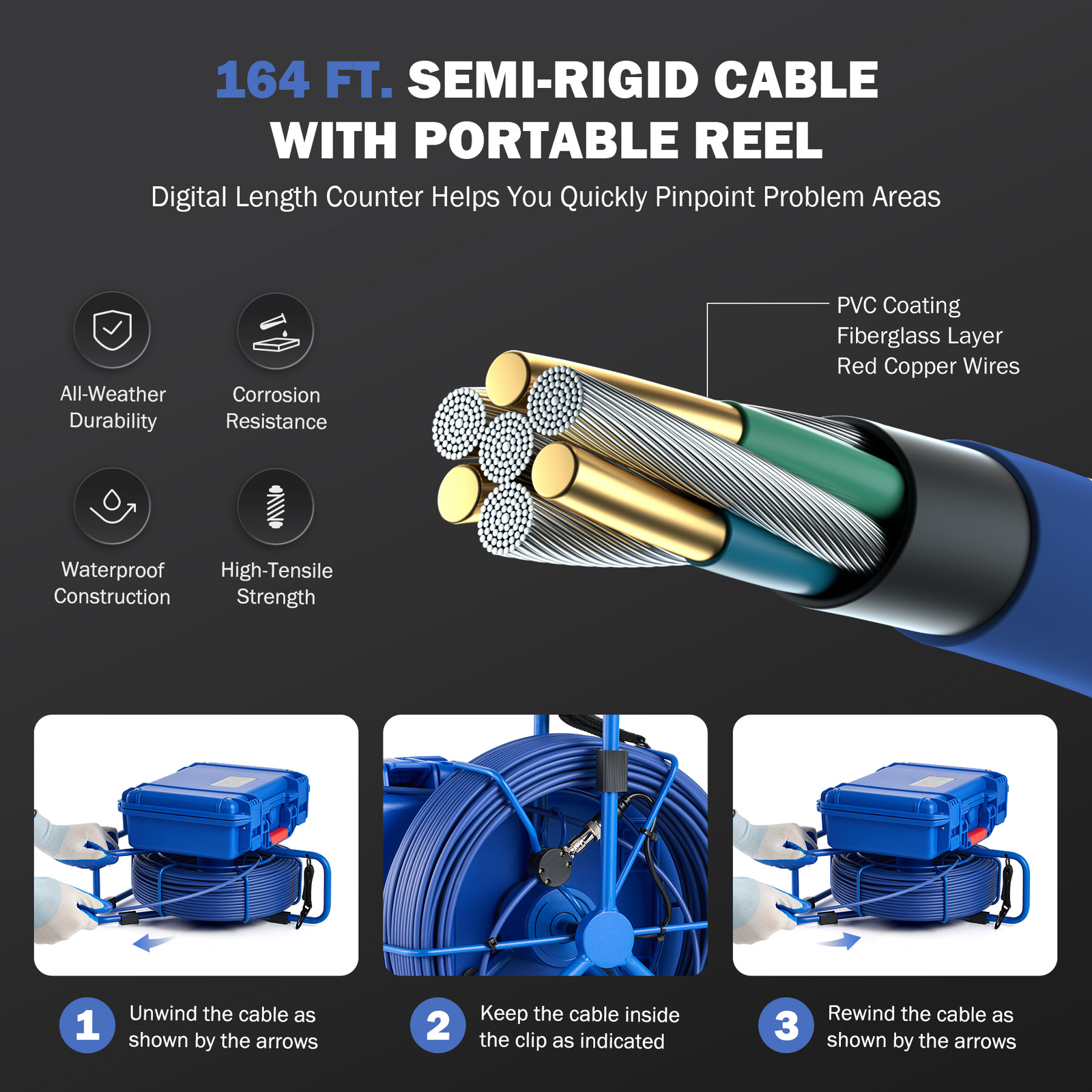 9" Self-Leveling Sewer Camera 32GB w. Locator 164ft /50m Digital Length Counter