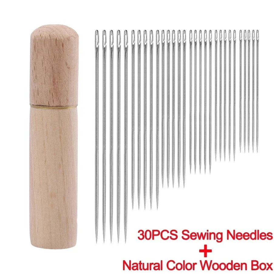 30pcs Self-Threading Blind Sewing Needles with Wooden Storage Case - NEW