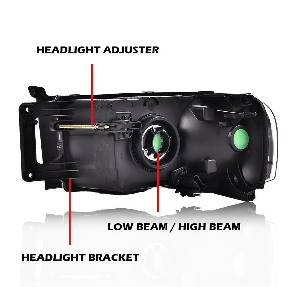 Halogen Headlight Assembly for 2002-2005 Dodge Ram, Black Housing