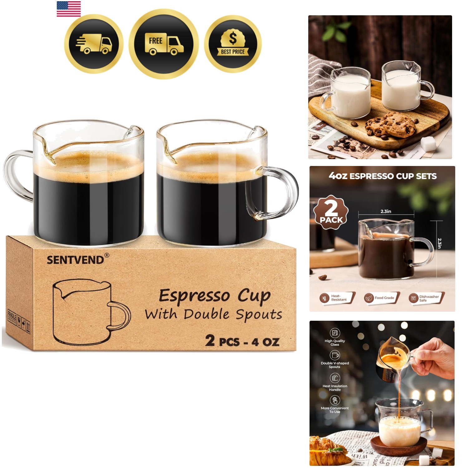 Espresso Cups Set of 2, 4 Oz Espresso Shot Glass with Handle Double Spout Cup...
