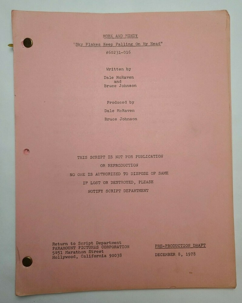 MORK & MINDY / Dale McRaven 1978 TV Script, "Skyflakes Keep Falling on My Head"