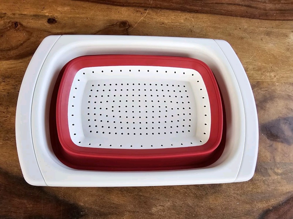 Large Sink Strainer Colander Collapsible Expandable Handles White And Red