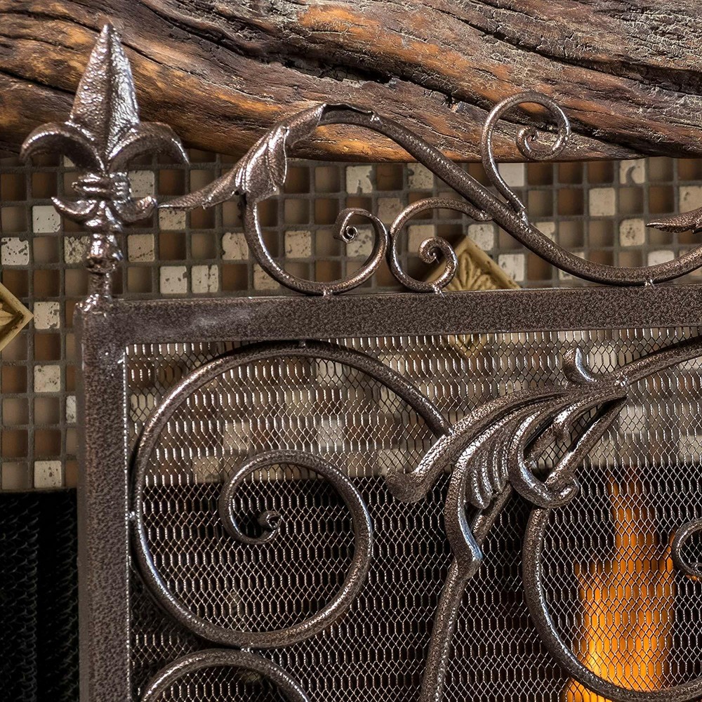 Black Gold Finish Fireplace Screen Panel Stand Wrought Iron Victorian Scrollwork