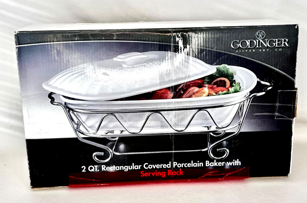 NEW Porcelain 2QT Baker With Serving Rack Rectangular NEW in Box by Godinger