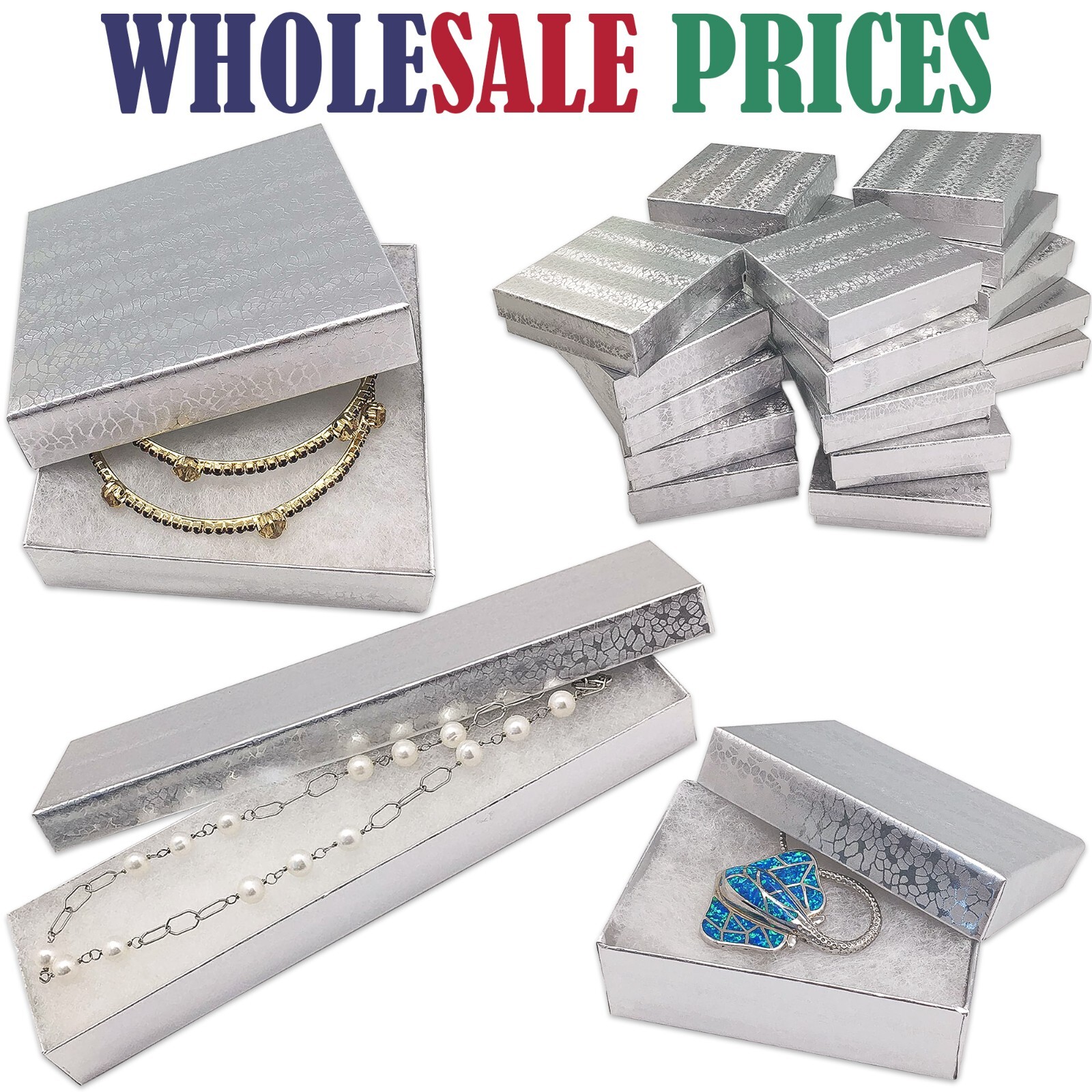 BULK Cardboard Kraft Paper JEWELRY GIFT BOXES Cotton Filled SILVER for Shipping