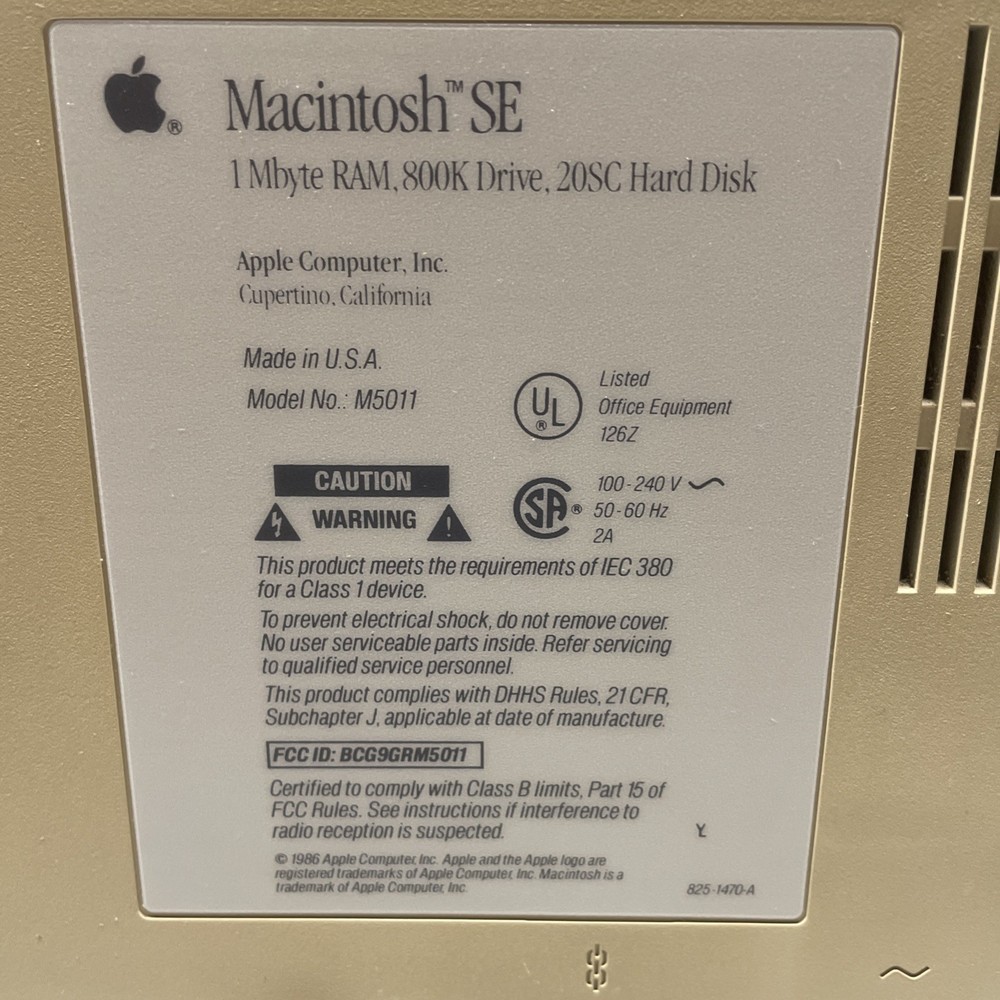 Macintosh SE 1986 Apple 800k Untested As Is