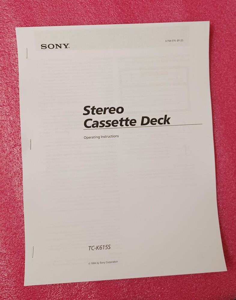 Sony TC-K615S Cassette Deck Operating Instructions - hard copy Laser Print
