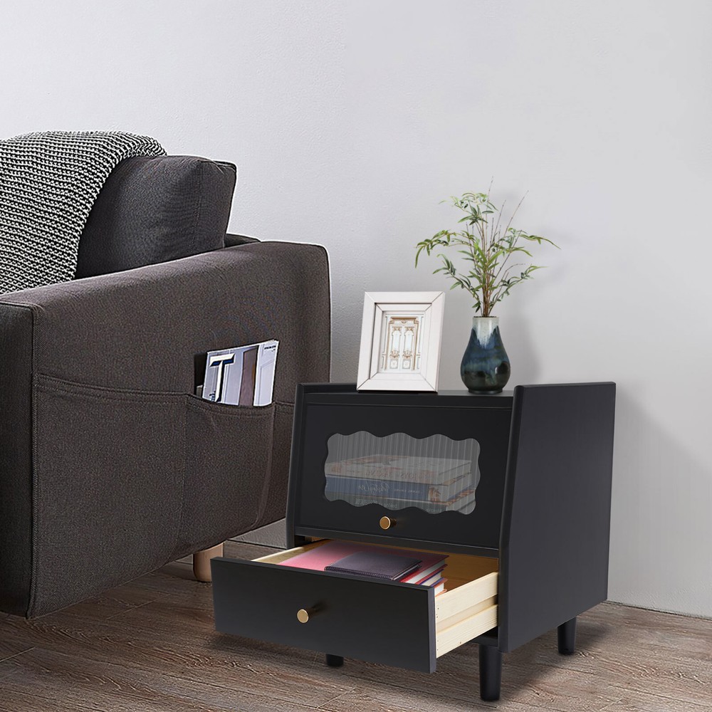 2 Drawers Black Color Solid Wood Nightstand Bedside Table End Table For Home