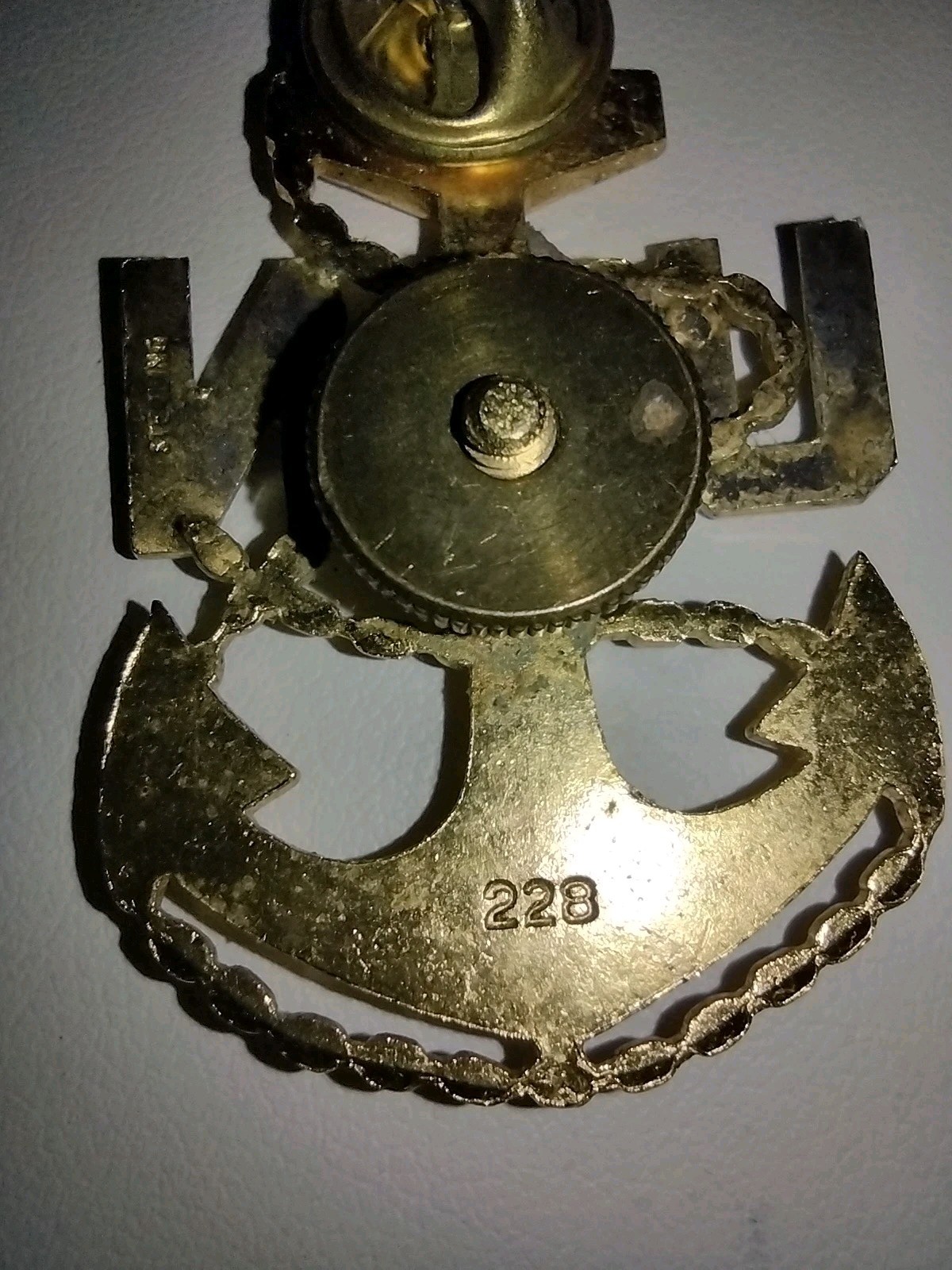 Vintage USN US NAVY Anchor Rope Sterling Silver Letters WWII pin ~1.75"