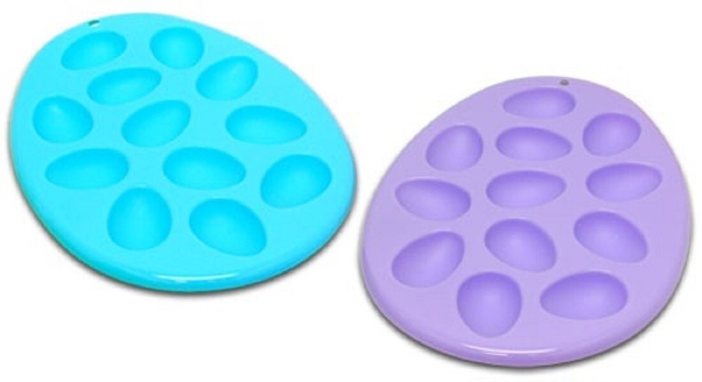 2pc BLUE PURPLE EGG SHAPED SERVING TRAY SET deviled plate dish easter cool H18