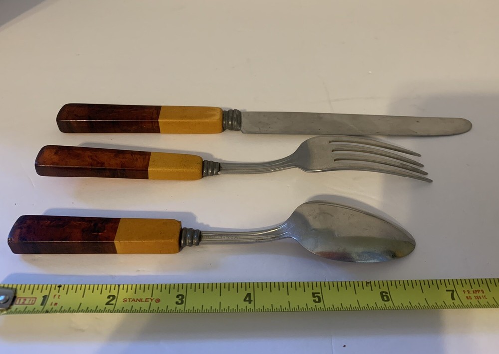 Vintage Butterscotch Bakelite Two Tone Tortoise Silverware 3pc Fork Knife Spoon