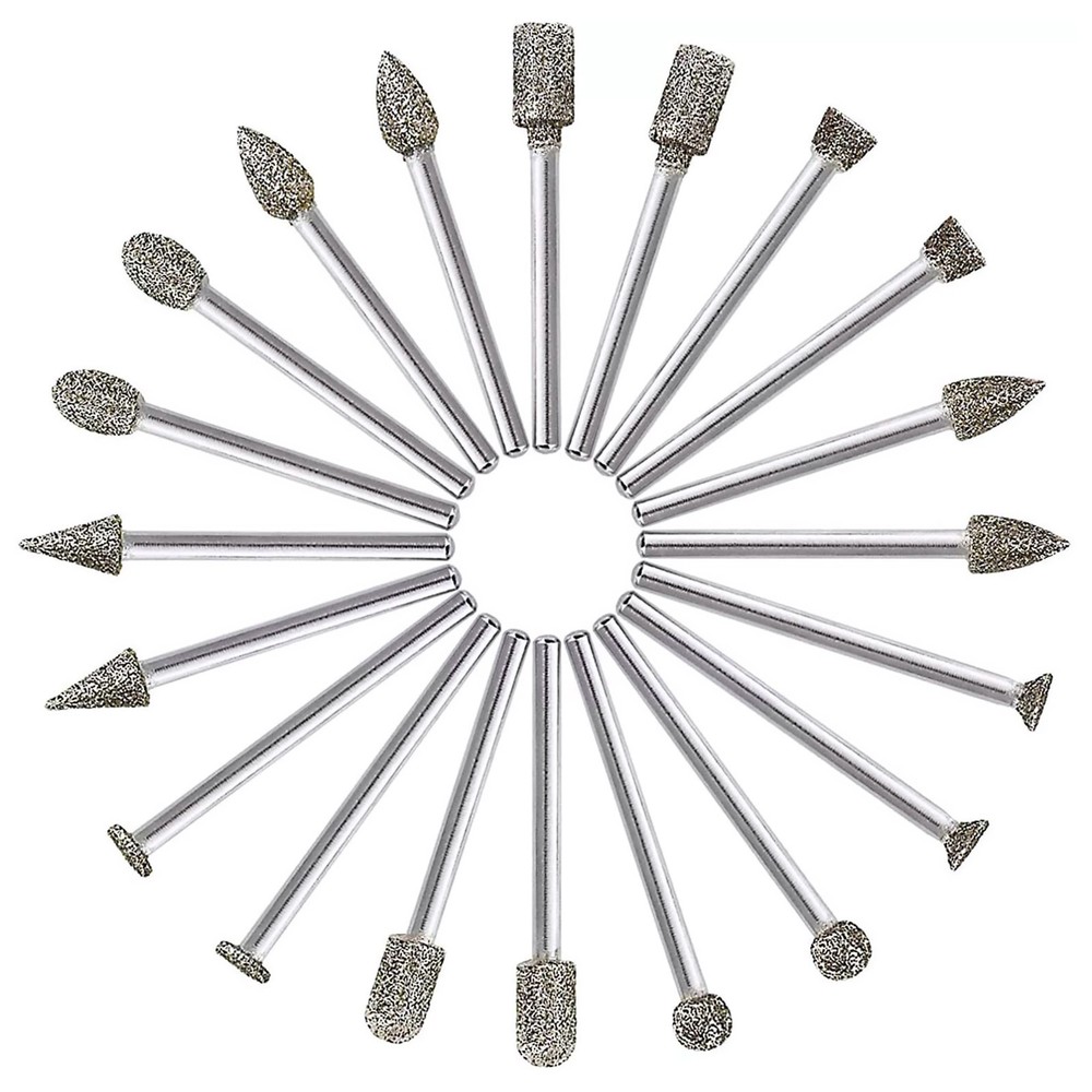 20pcs Diamond Grinding Burr Drill Bits 3mm Grinding Diameter For Rotary Tool