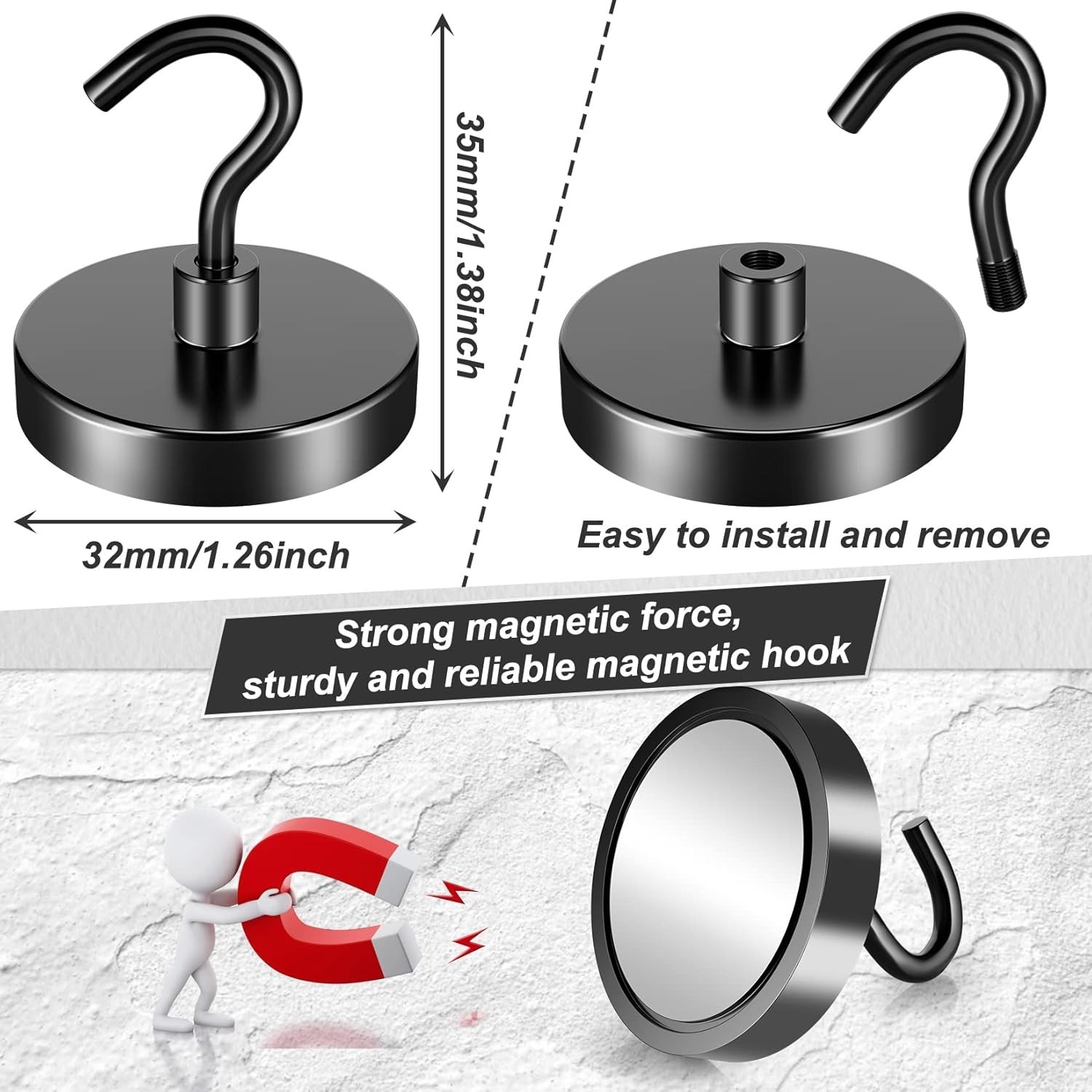 3or 6 Pack 110 Lbs Magnetic Hooks Heavy Duty Neodymium Magnet Hooks Strong Black