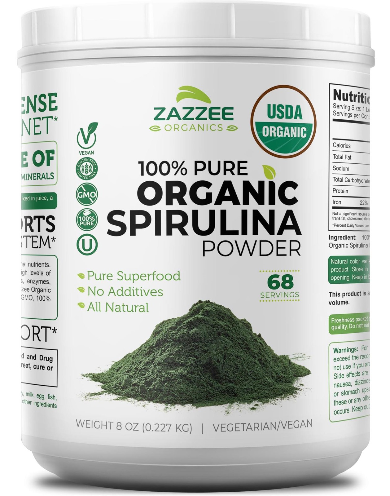 Zazzeze USDA Organic Spirulina Powder, 8 Ounces, 68 Servings, 100% Pure, Kosher