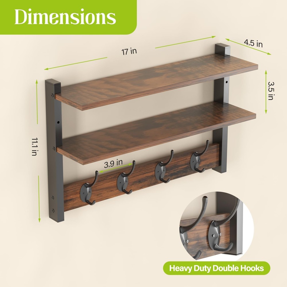 Two-Tier Wall Shelf with Hooks, 17" Coat Rack Wall Mount with Shelf, Key Hook...