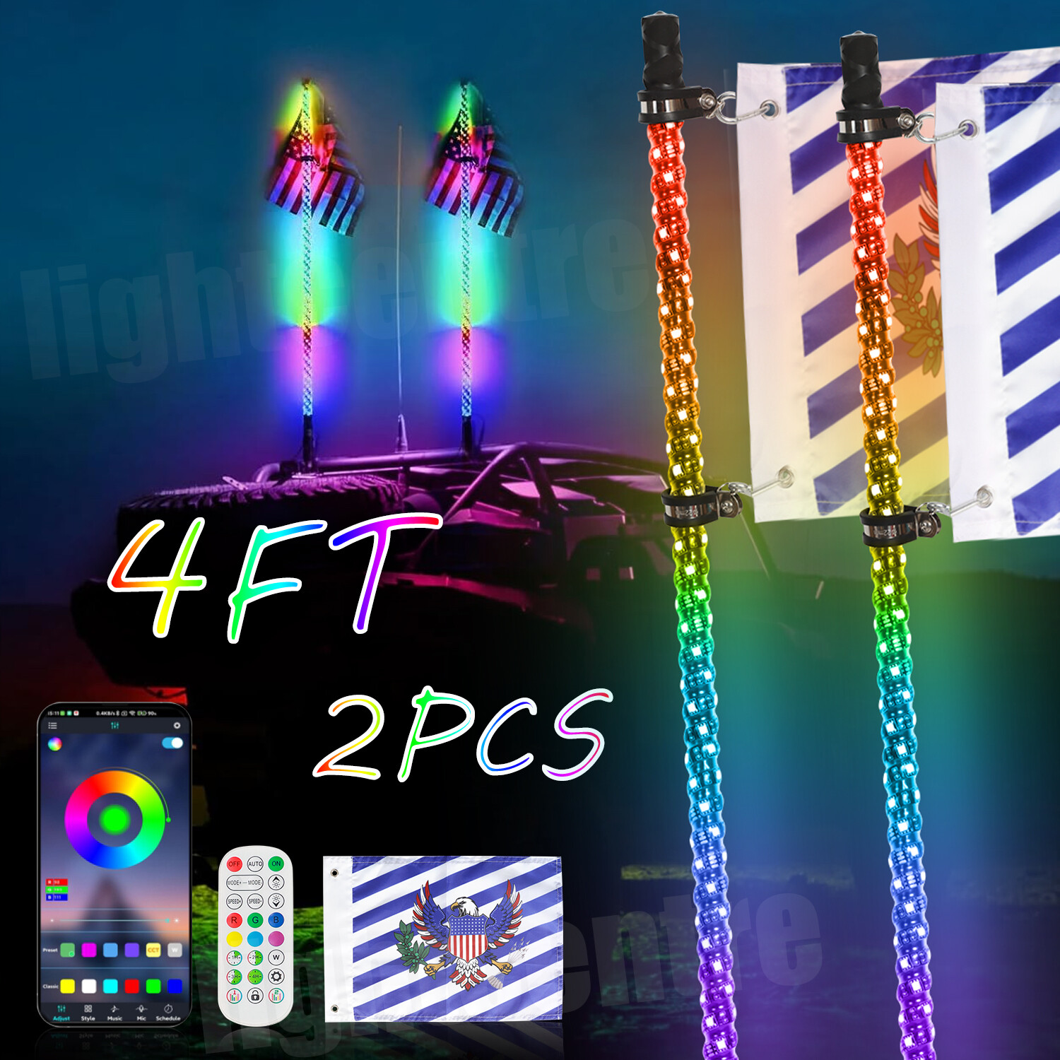Pair 4ft RGB Spiral LED Whip Lights Antenna Chase + US Flag & Remote for ATV UTV