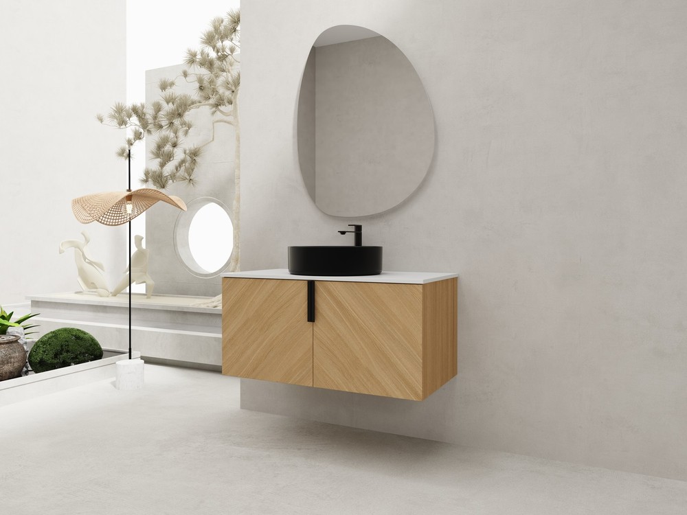 36" Wood Wall-Mounted Bathroom Vanity +Black Ceramic Sink Artificial Stone Slab