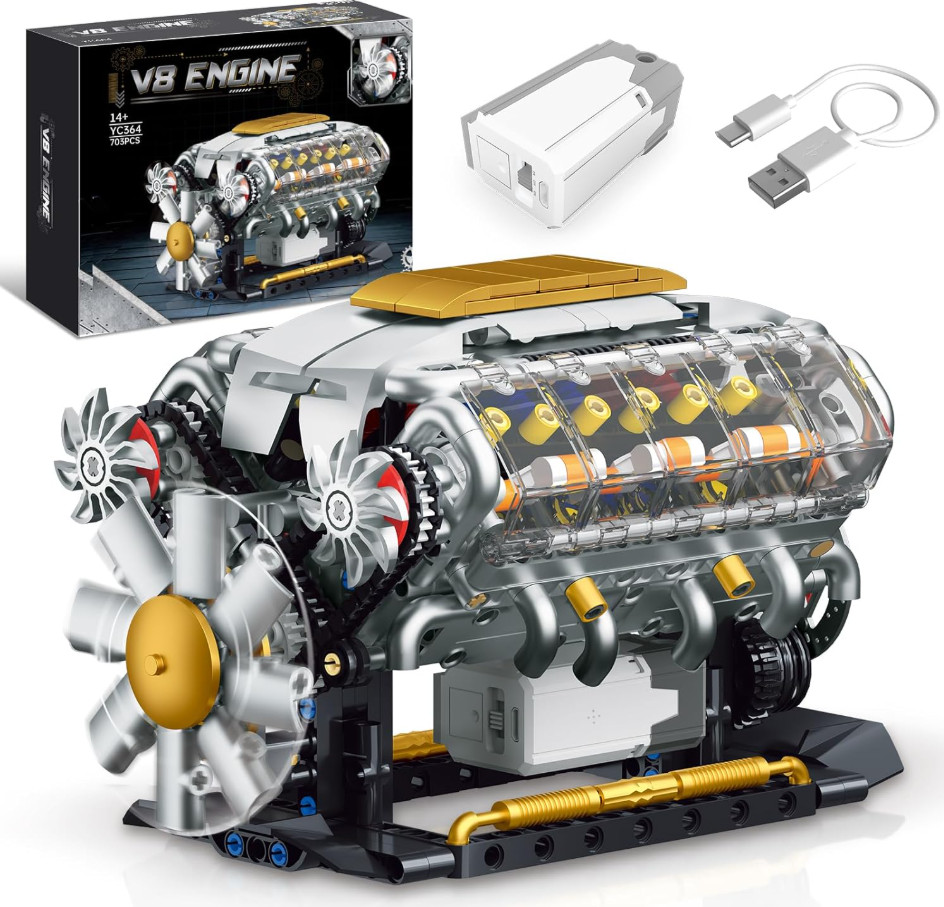 DIY V8 Engine Model Kit That Runs USB Powered Visible Mini Motor STEM 703PCS