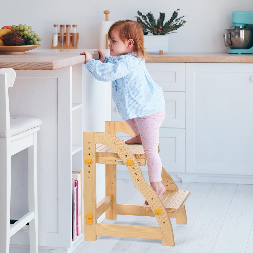 AIMOADO Adjustable 2-Step Wooden Stool for Kids - Kitchen & Bathroom Non-Slip