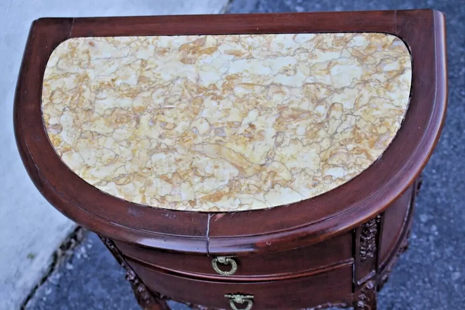 French Provincial Bedside Table - Demilune, Marble Top, Fully Refinished