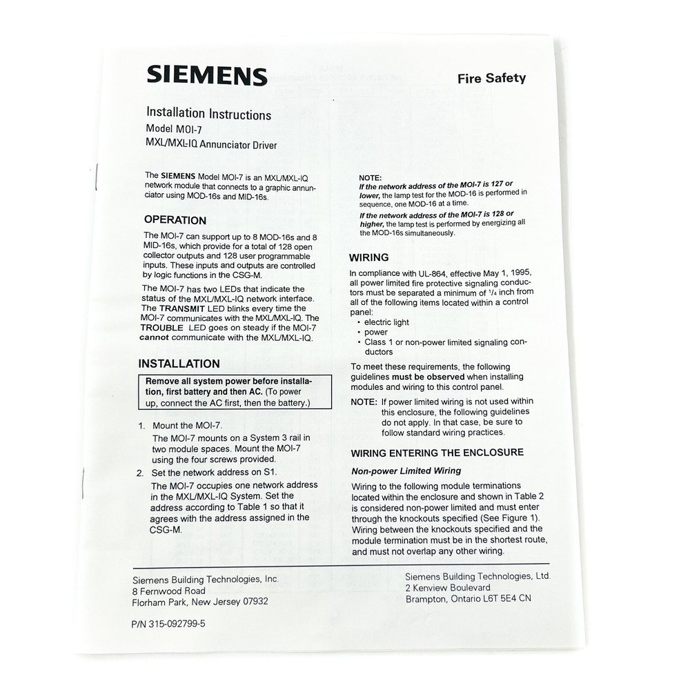 Siemens MOI-7 Cerberus Pyrotronics 500-892800 Network Input Output Module