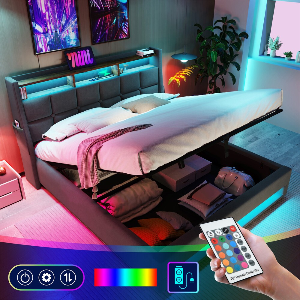 Full Size LED Bed Frame Upholstered Platform Bed with Hydraulic Storage System