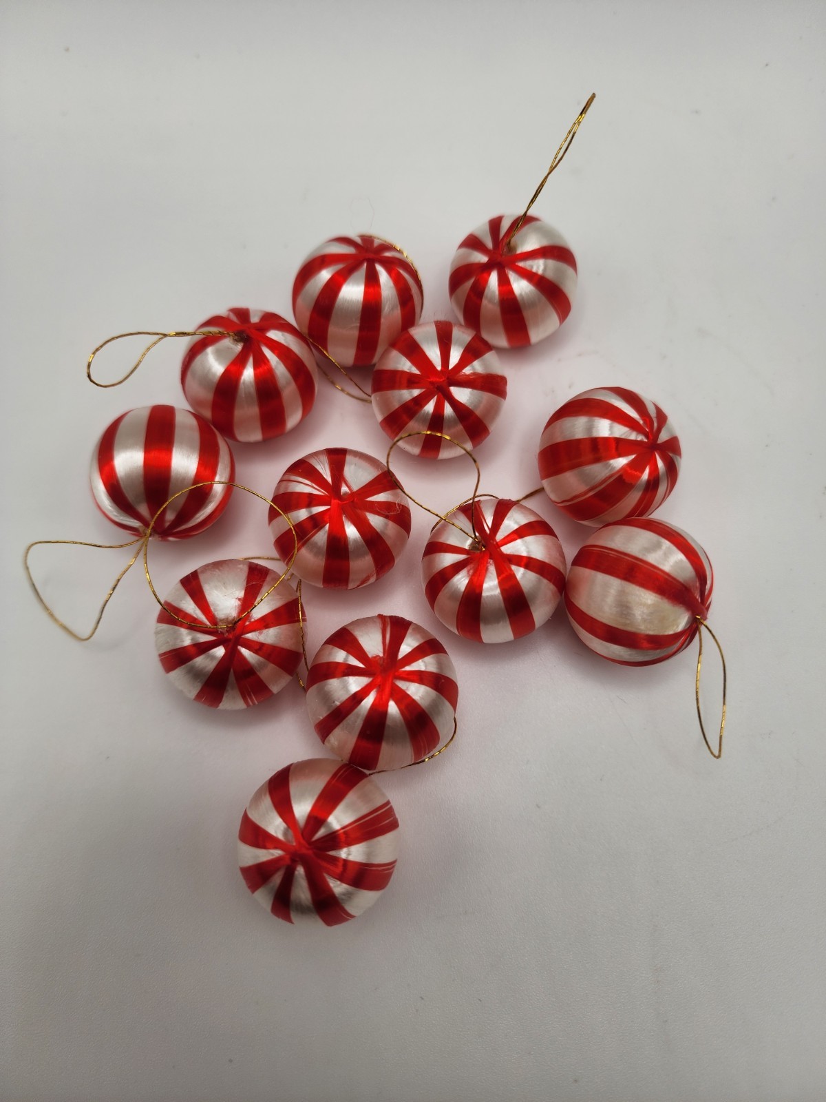 Christmas Ornaments Baubles Satin Sheen Red White Striped Mini Vintage Set Of 12