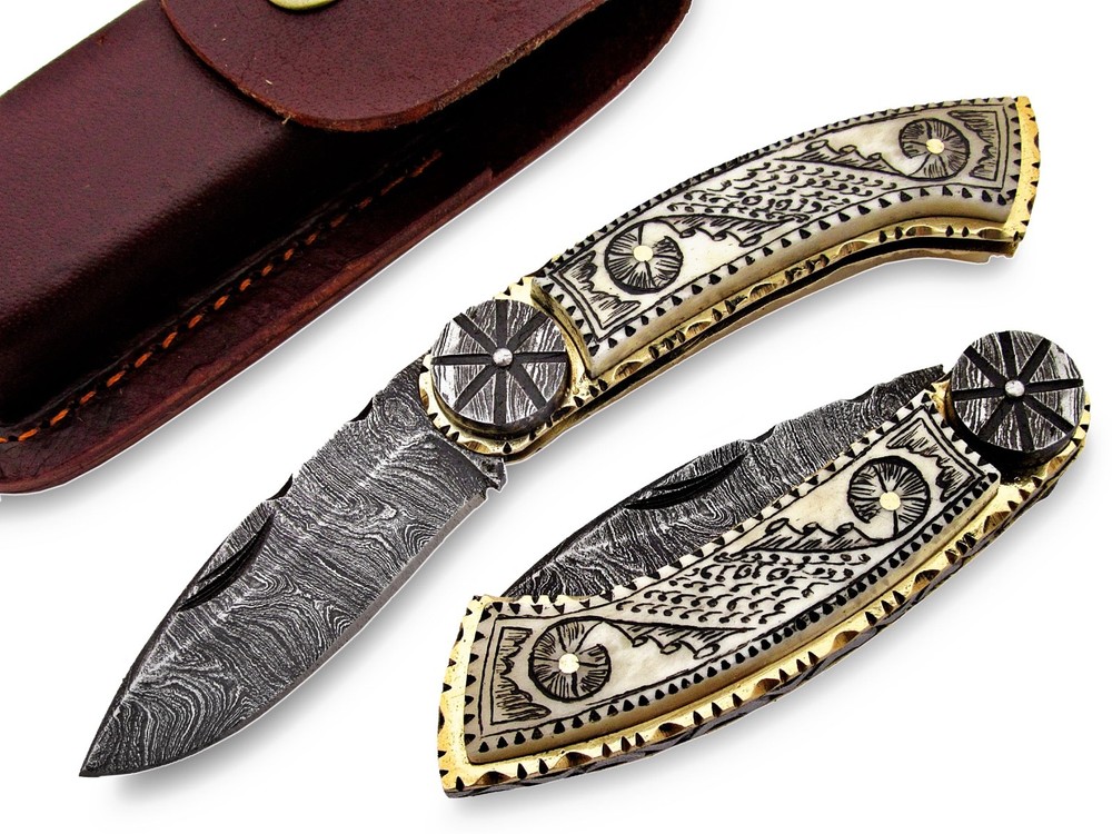CUSTOM HANDMADE DAMASCUS FOLDING KNIFE SCRIMSHAW ART KNIFE CAMEL BONE HANDLE