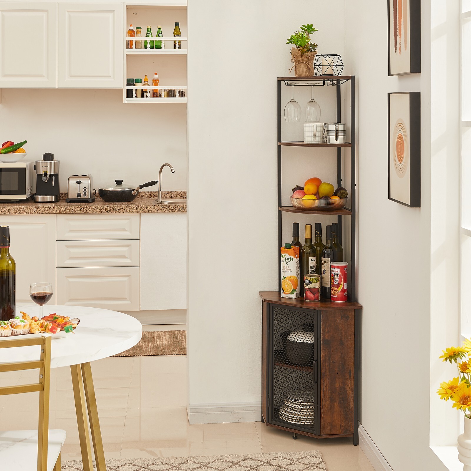 5-Tier Corner Shelf Tall Bookcase Storage Cabinet with Wine Rack Display Rack