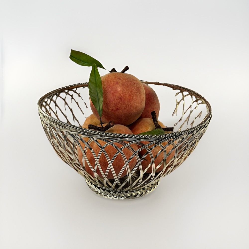 Vintage Silver Woven Wire Basket - MCM Gallia Style Fruit Bread Bowl 80s Decor