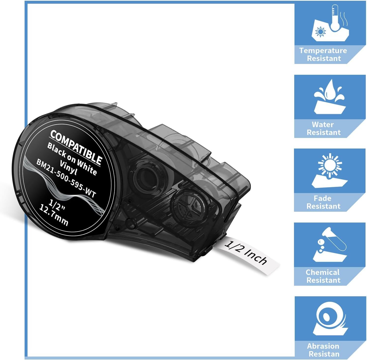 10PK For BMP21-PLUS M21-500-595-WT Label Cartridge Black/White 1/2" x 21