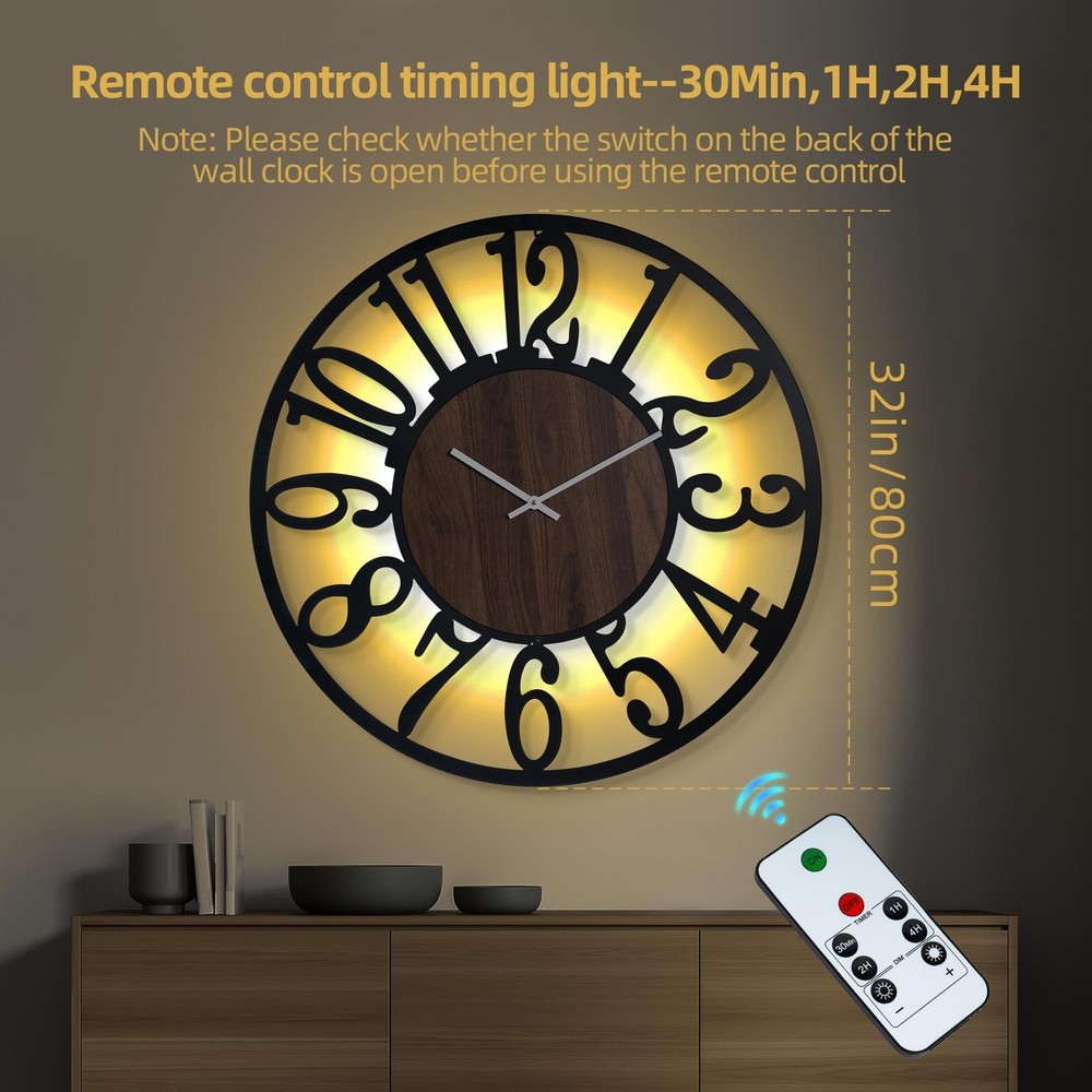 LEIKE Large Wall Clock 32'' Lighted Rustic Wood Clock with Remote Timer, Sile...