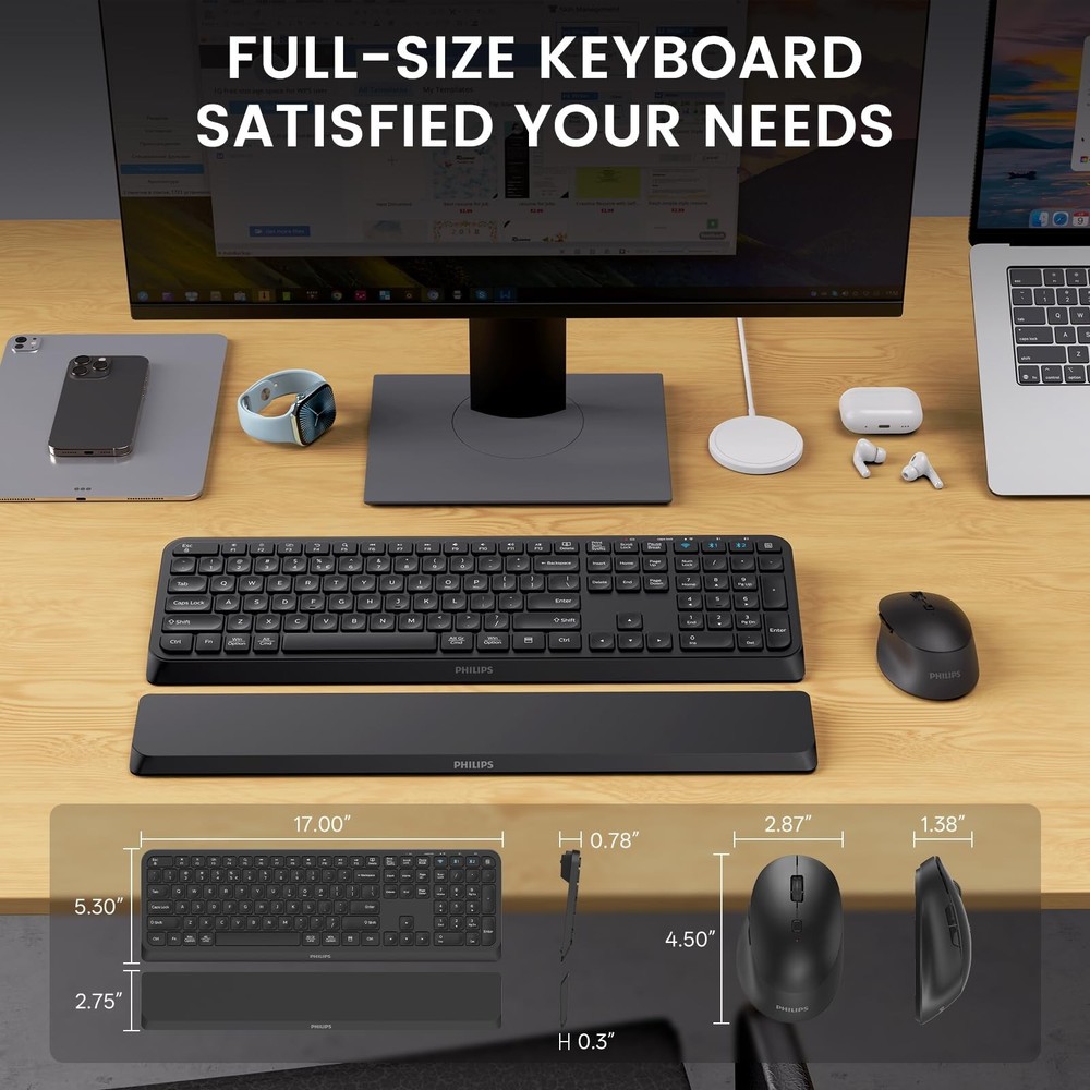 PHILIPS Bluetooth Keyboard and Mouse Combo, Ergonomic Design with Wrist Rest ...