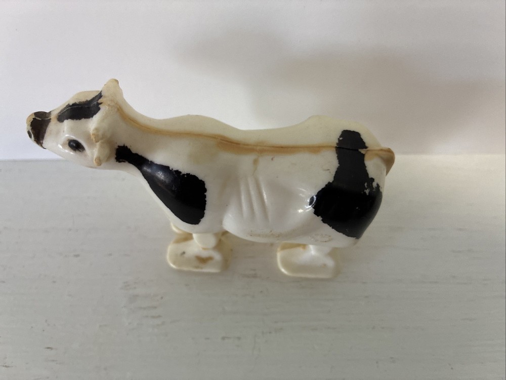 Antique Plastic Self Gravity Walking Holstein Cow B&W 1950's