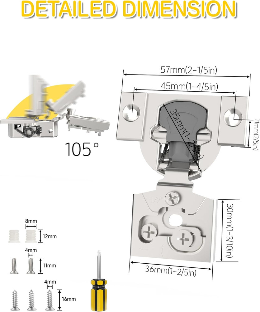 50 Pack Soft Close 1/2" Cabinet Hinges, 105° Adjustable Hidden Hardware