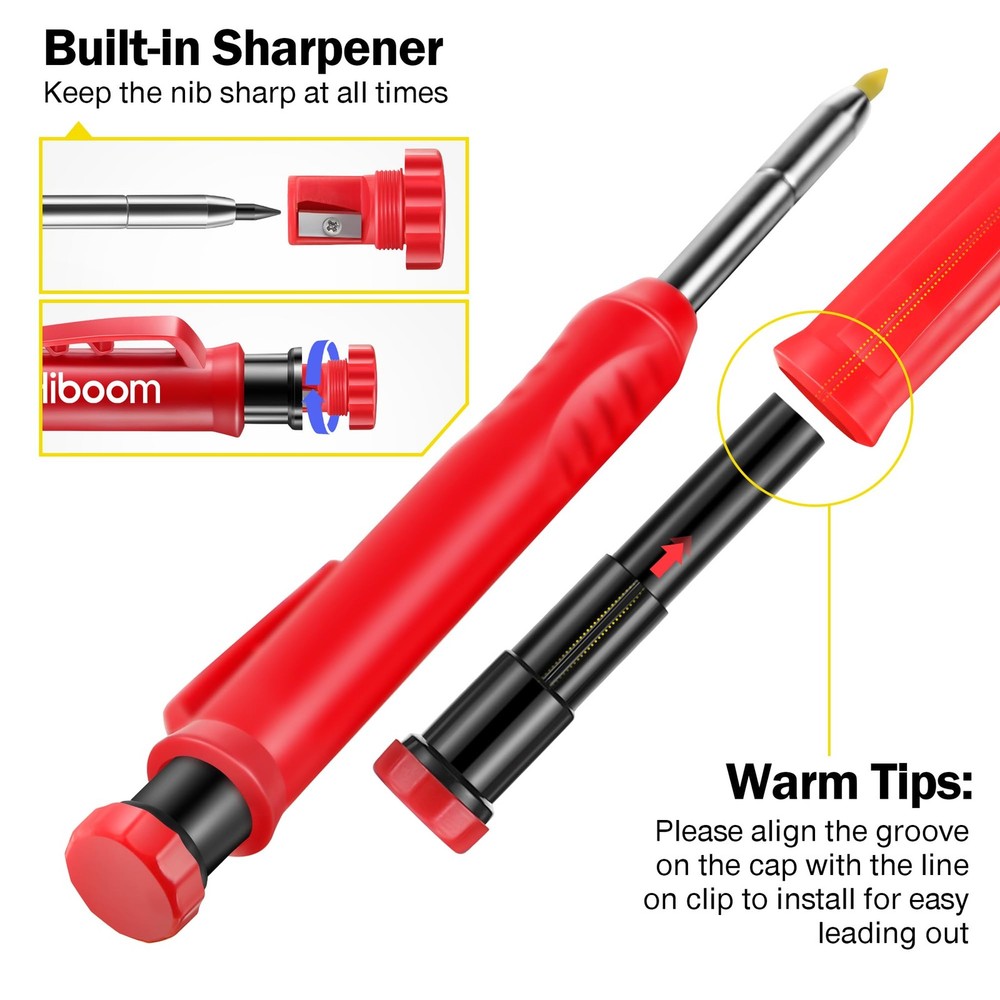 2 Pack Solid Carpenter Pencil with 14 Refill, Long Nosed Deep Hole Mechanical...