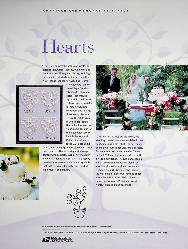 USPS Commemorative Stamp Panel 2007 # 790 HEARTS Scott 4151