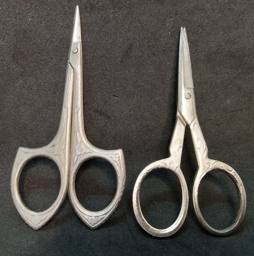 2 Vintage Small Silver Tone Embossed Sewing Scissors Decorative